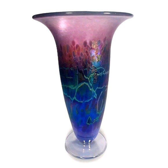 ROBERT HELD LARGE SIGNED TRUMPET CANADIAN IRIDESCENT ART GLASS ART DECO  VASE - Picture 6 of 16